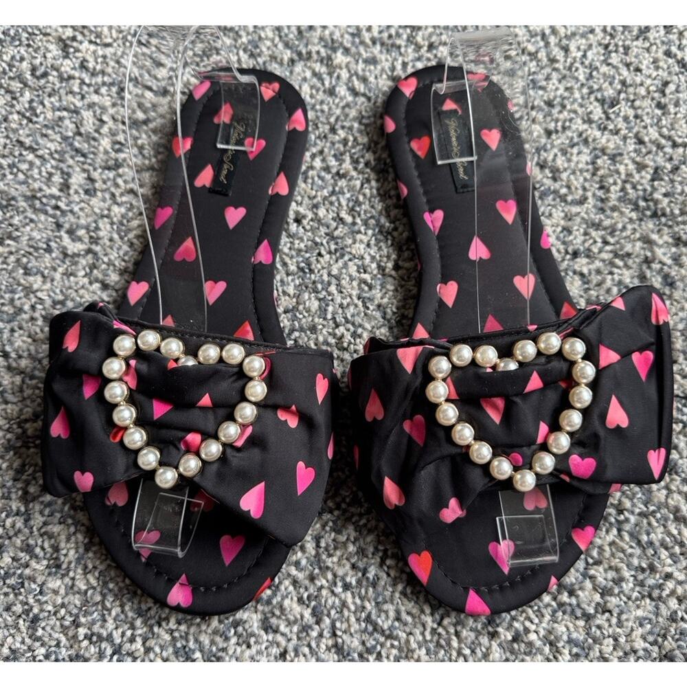 Victoria's Secret Satin Bow Slippers Sandal Faux Pearl Heart L 9/10